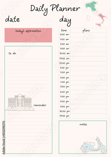Daily planner with an Italian theme. Contains the main distinctive features of Italy. Ideal for recording and structuring daily tasks