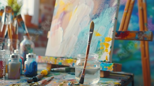 Paintbrush: A paintbrush stands in a jar of water, surrounded by tubes of vibrant paint and a blank canvas on an easel, in an artist's studio filled with creative energy and inspiration