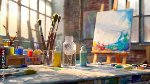 Paintbrush: A paintbrush stands in a jar of water, surrounded by tubes of vibrant paint and a blank canvas on an easel, in an artist's studio filled with creative energy and inspiration