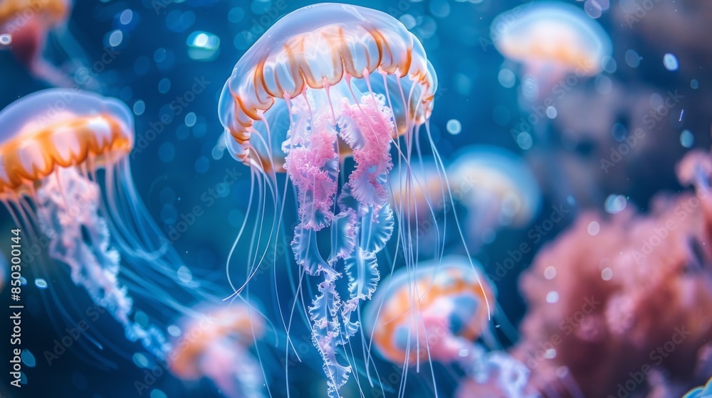 A group of jellyfish are floating in the ocean A group of jellyfish are floating in the ocean