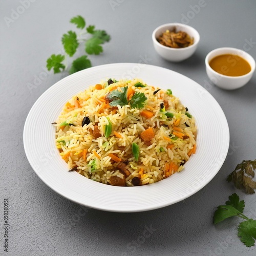 Indian food veg biryani or veg pulav on gray background