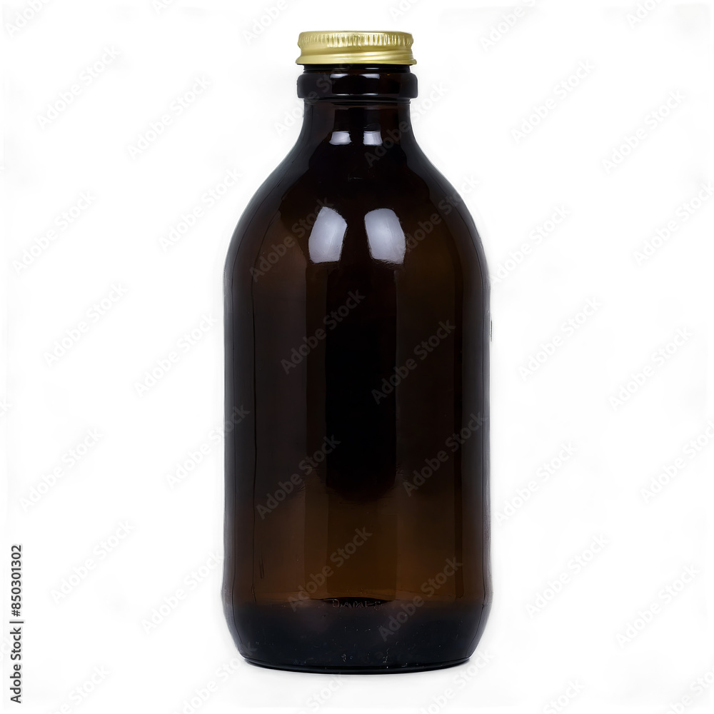 A single amber glass bottle with a gold metal cap on a transparent, white background, ideal for png format A single amber glass bottle with a gold metal cap on a transparent, white background, ideal for png format