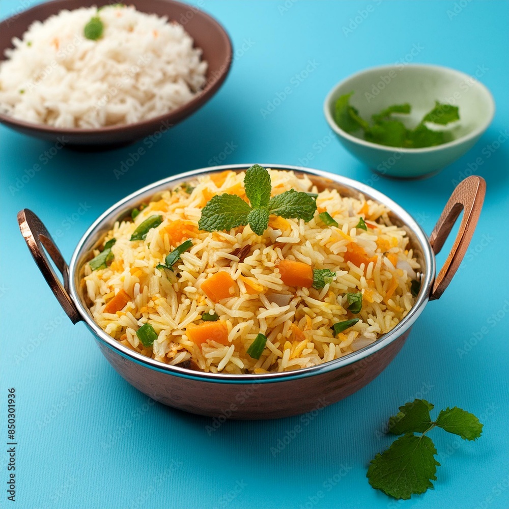Indian food veg biryani or veg pulav on blue background