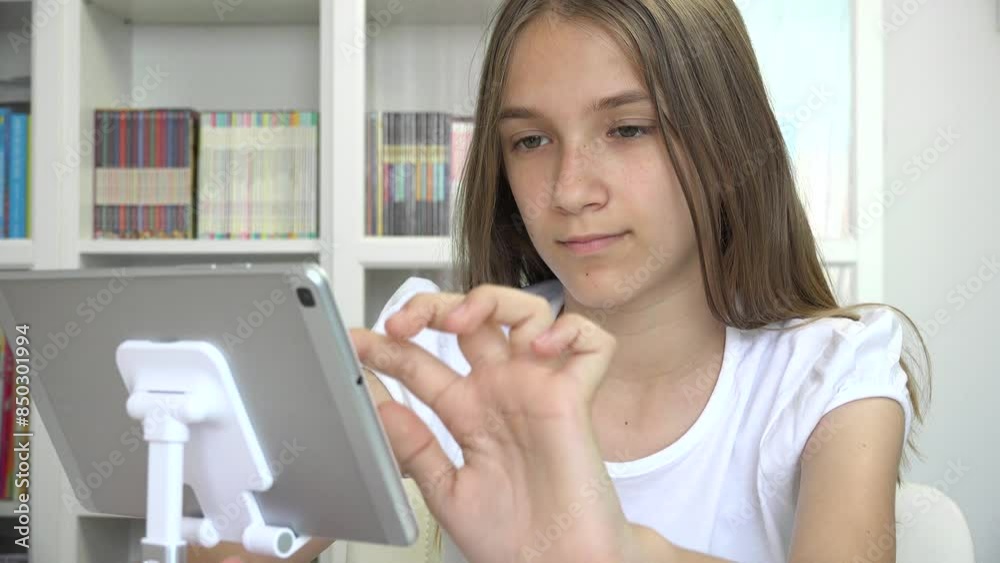 Kid Playing Tablet Browsing Internet, Child Using Smartphone, Blonde Girl Writing Reading Messages on Device, Online Gaming Kid Playing Tablet Browsing Internet, Child Using Smartphone, Blonde Girl Writing Reading Messages on Device, Online Gaming