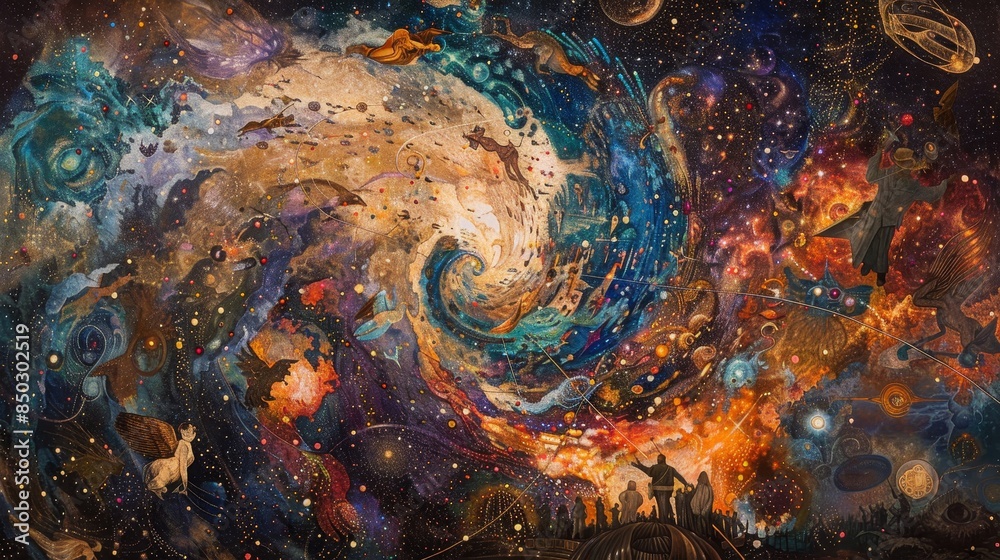 Latin American history with key events and figures in a cosmic tableau of stars and galaxies background Latin American history with key events and figures in a cosmic tableau of stars and galaxies background