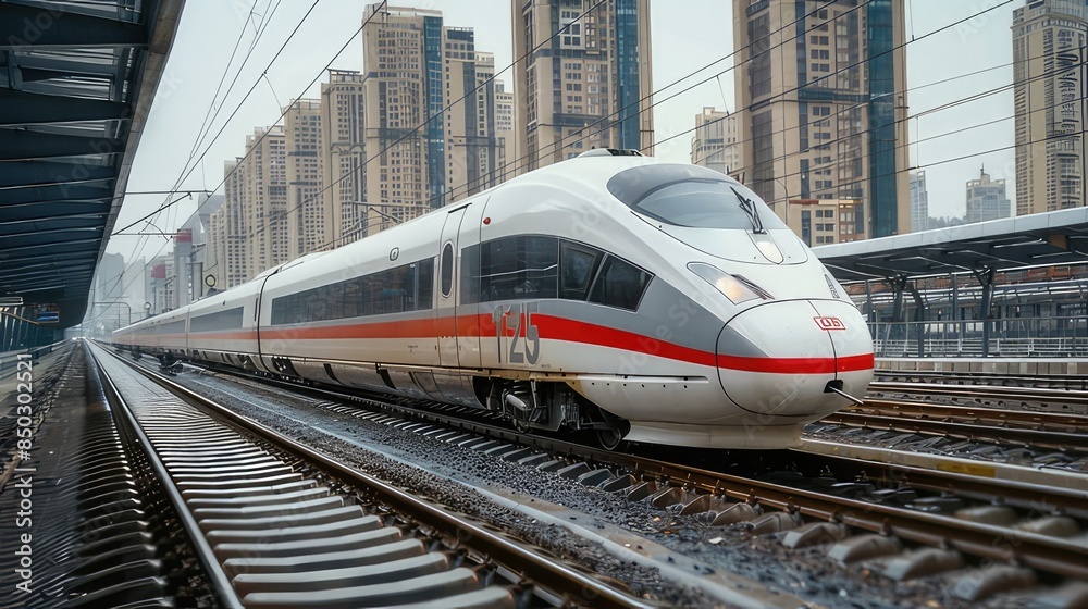 Fototapeta premium Portrait of an electric fast train at a station. public transport