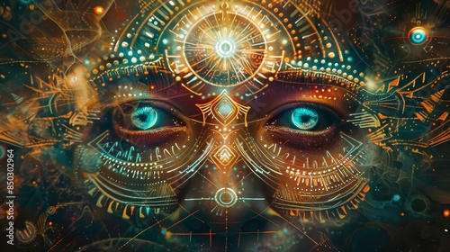 Spiritual connection depicted with mystical symbols and cosmic motifs of Latin America background
