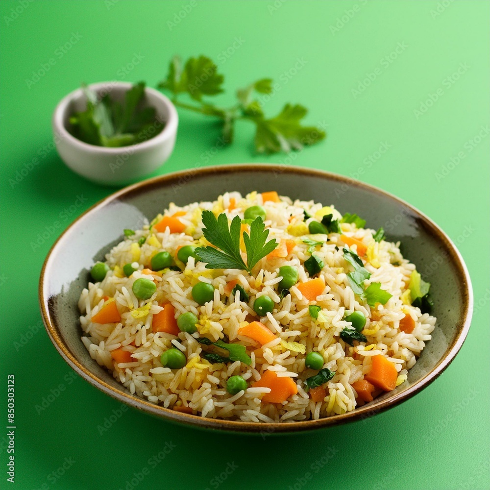 Indian food veg biryani or veg pulav on green background Indian food veg biryani or veg pulav on green background
