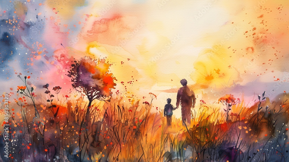 Fototapeta premium Father and child playing in a colorful meadow, watercolor sunset scene, delicate brush strokes, peaceful ambiance