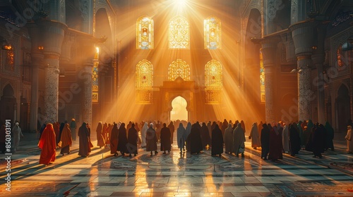 Silhouettes of people hugging each other on Eid, mosque courtyard, morning photo