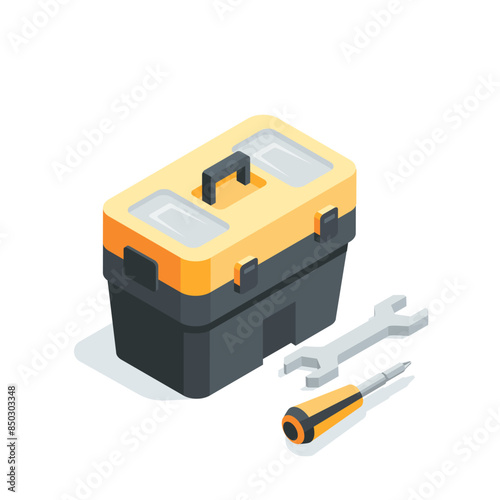 isometric vector portable tool box next to wrench and screwdriver, in color on white background, work tool