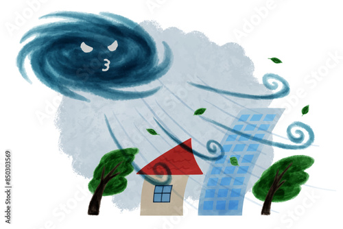 台風にで強風に晒される町や木々の水彩画ベクターイラスト