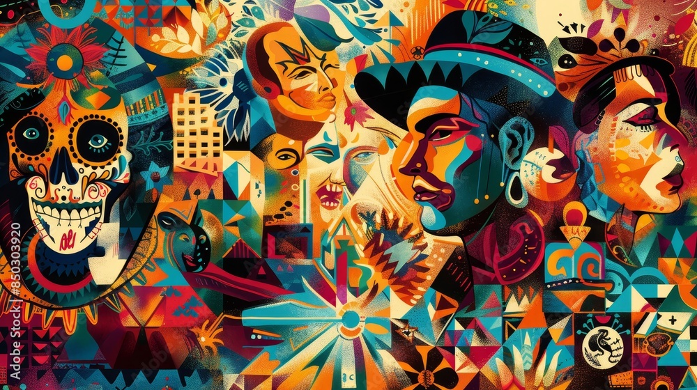 Abstract Hispanic identity with cultural symbols and historical icons background Abstract Hispanic identity with cultural symbols and historical icons background