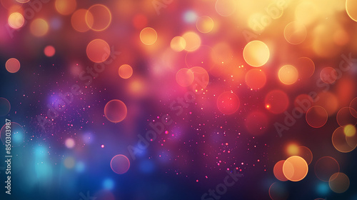 This image displays a colorful bokeh light effect with blurred circles of light in hues of orange, pink, and blue