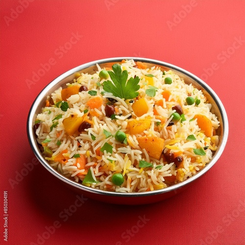 Indian food veg biryani or veg pulav on red background