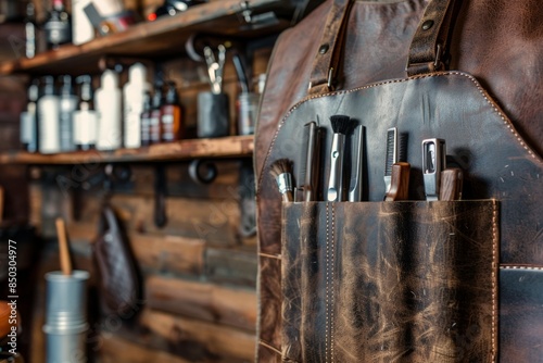 Close-up of barber tools in a leather apron in a trendy barber shop