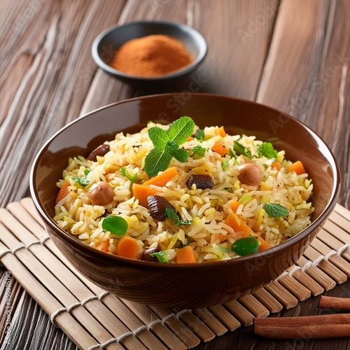 Indian food veg biryani or veg pulav on wooden background