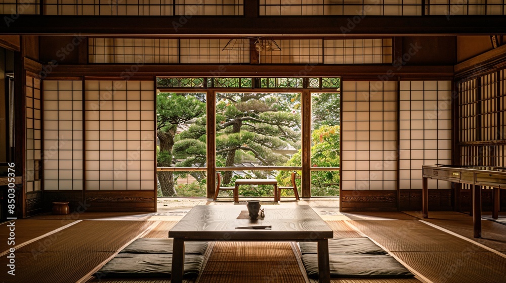 An ultra-sharp and clear photograph of a traditional Japanese tatami room interior, featuring sliding paper doors, low wooden furniture, and a serene ambiance, every element perfectly detailed An ultra-sharp and clear photograph of a traditional Japanese tatami room interior, featuring sliding paper doors, low wooden furniture, and a serene ambiance, every element perfectly detailed
