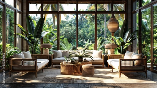 An ultra-sharp photograph of a Southeast Asian tropical villa interior, with rattan furniture, lush indoor plants, and panoramic windows showcasing a scenic outdoor view, every detail captured sharply