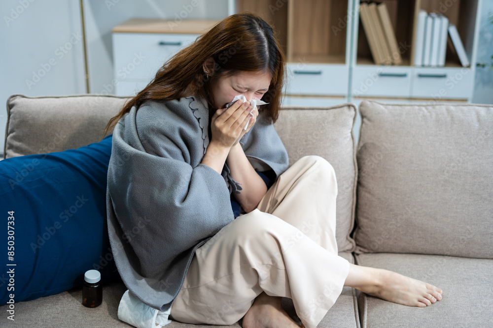 woman sitting on sofa covered with blanket freezing blowing running nose got fever caught cold sneezing in tissue. woman sitting on sofa covered with blanket freezing blowing running nose got fever caught cold sneezing in tissue.