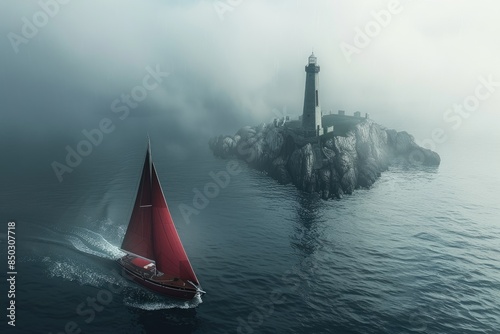 Red sailboat and lighthouse castle, top view