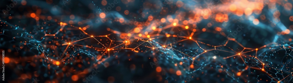 Fototapeta premium Abstract blue orange glowing futuristic neural network. Artificial intelligence.