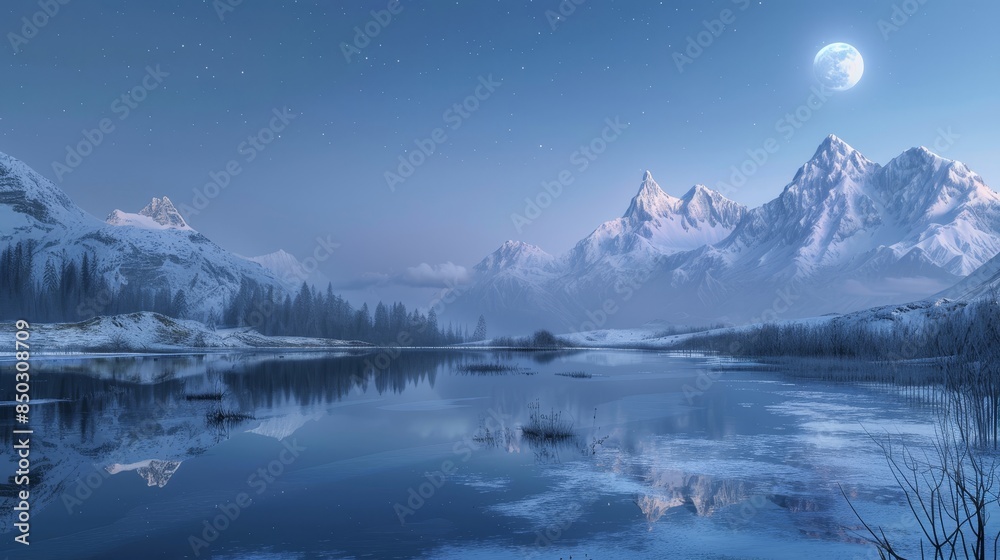 Moonlight reflects on frozen lake in tranquil winter scene background Moonlight reflects on frozen lake in tranquil winter scene background