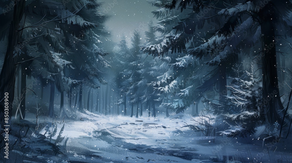 Naklejka premium Serene winter forest with snow-dusted evergreens and quiet solitude background