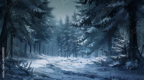 Serene winter forest with snow-dusted evergreens and quiet solitude background photo