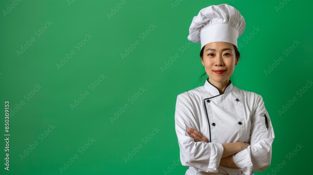 A woman chef is wearing a white hat and apron A woman chef is wearing a white hat and apron