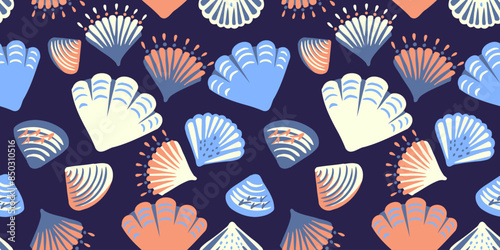 Colorful seamless pattern with abstract artistic shapes sea shells on a dark blue background. Creative summer tropical marine printing. Vector hand drawing sketch.Template for designs, notebook cover
