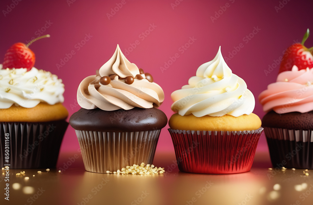 Tasty colorful cupcakes with sweet whipped white frosting decorated with red ripe raspberries served on plate against light background in studio