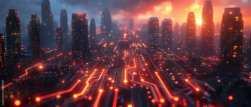 Fototapeta premium Futuristic digital circuit board with glowing elements and skyscrapers in the background, representing advanced technology and innovation