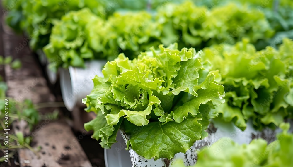 close up of white pipes used in aquaculture with lettuce growing on them close up of white pipes used in aquaculture with lettuce growing on them