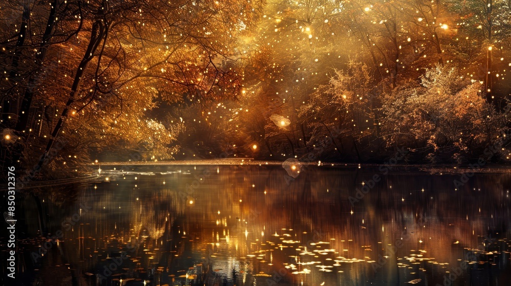Golden leaves dance on pond's surface in autumn dreamscape background Golden leaves dance on pond's surface in autumn dreamscape background