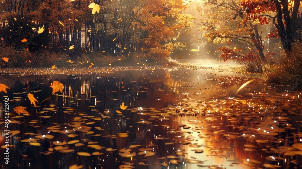 Naklejka premium Reflections and rustling leaves create magical autumn scene background