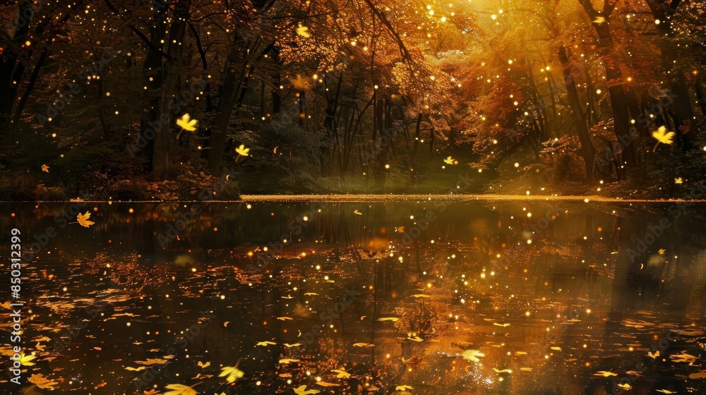 Autumn magic with golden leaves and tranquil pond reflections background Autumn magic with golden leaves and tranquil pond reflections background