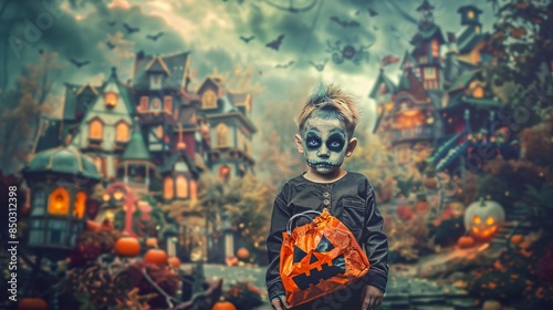 A highly detailed photograph of a cute zombie boy holding a trick-or-treat bag, with a backdrop of a colorful, spooky village, all elements in sharp focus photo