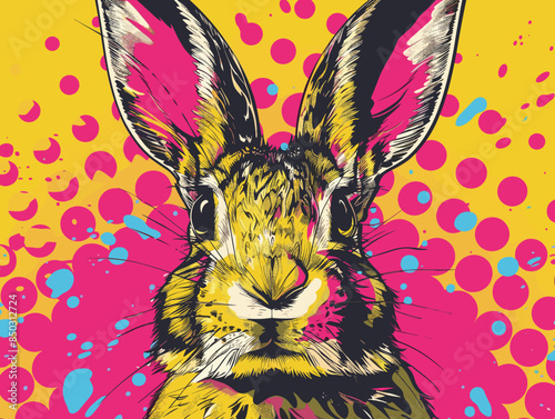 A rabbit with pink and blue eyes is staring at the camera. The rabbit is surrounded by a colorful background with many dots. The image has a playful and whimsical mood