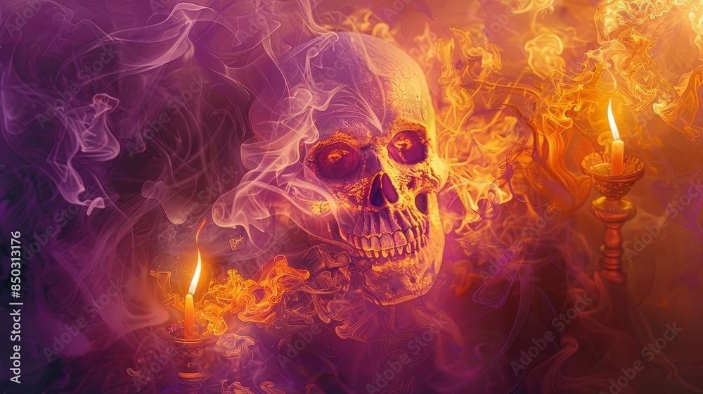 Fototapeta premium Ethereal Day of the Dead scene with candlelight smoke and vibrant hues background
