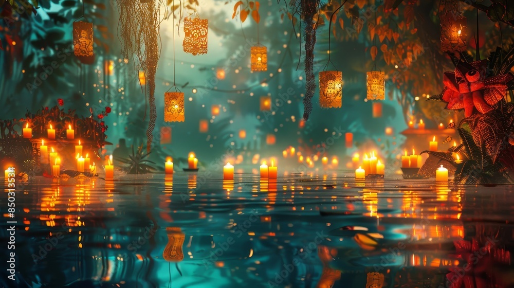 Shimmering candlelight on a tranquil lake papel picado and mariachi music background Shimmering candlelight on a tranquil lake papel picado and mariachi music background