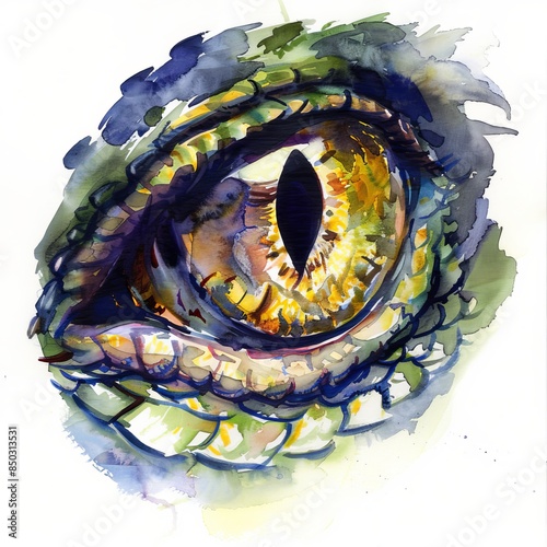 Watercolor painting of a fierce serpent's eye, hypnotic and mesmerizing, drawing the viewer, on isolated white background, Generative AI