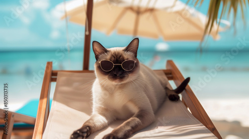 A cat wearing sunglasses is laying on a beach chair. The cat is relaxed and enjoying the sun. Siamese cat lounging on a chaise lounge photo