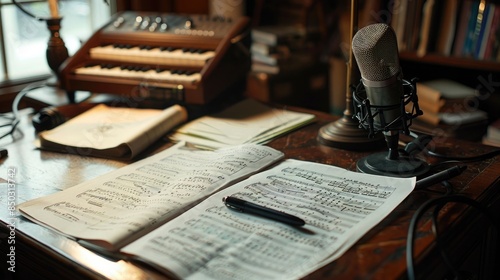 Close-up of a voice actor's desk with script excerpts and vocal warm-up exercises, representing a job in voice acting photo