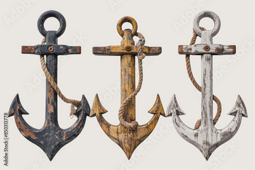 Vintage Wooden Anchors with Rope - Nautical Decor in Black, Yellow, and White - Rustic Maritime Theme for Home Decoration, Beach House, or Coastal Interior Design