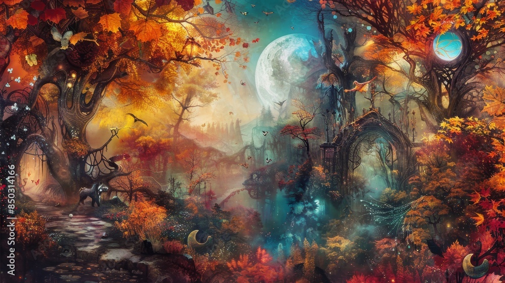 Obraz premium Haunting landscape with light pillars and ornate sugar skulls in mist background
