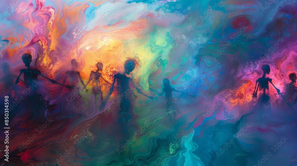 Swirling mists and vibrant colors with silhouettes of skeletal figures dancing background Swirling mists and vibrant colors with silhouettes of skeletal figures dancing background