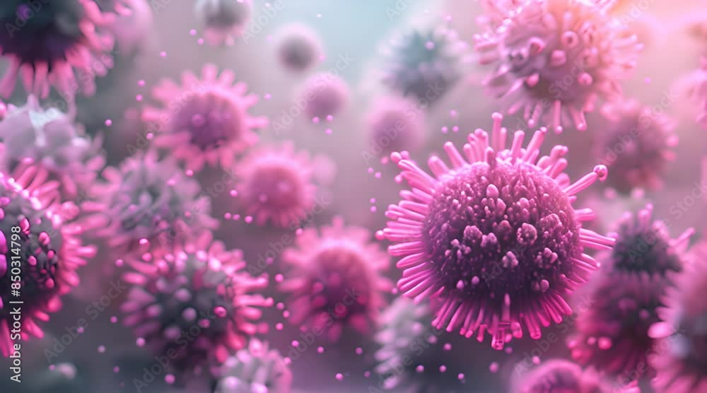 Microscopic view of pink and red virus particles floating in a blue-green environment, showing detailed spikes and a sense of motion, representing a viral infection or microscopic biological scene Microscopic view of pink and red virus particles floating in a blue-green environment, showing detailed spikes and a sense of motion, representing a viral infection or microscopic biological scene