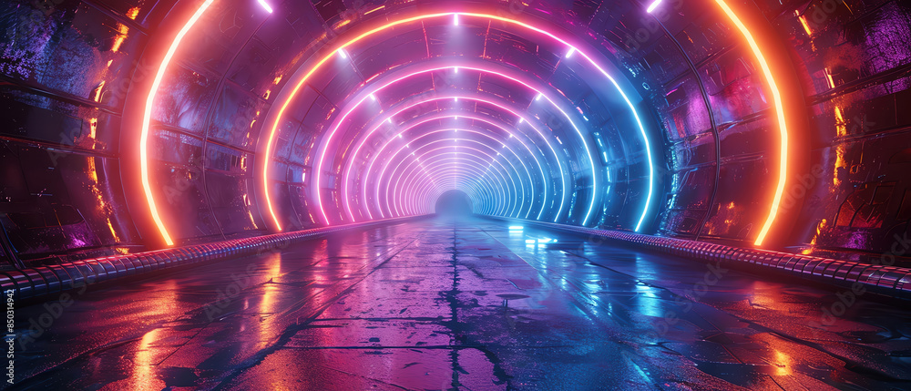 Futuristic neon-lit tunnel with blue and purple lights, creating a sense of depth and movement toward a glowing center point Futuristic neon-lit tunnel with blue and purple lights, creating a sense of depth and movement toward a glowing center point