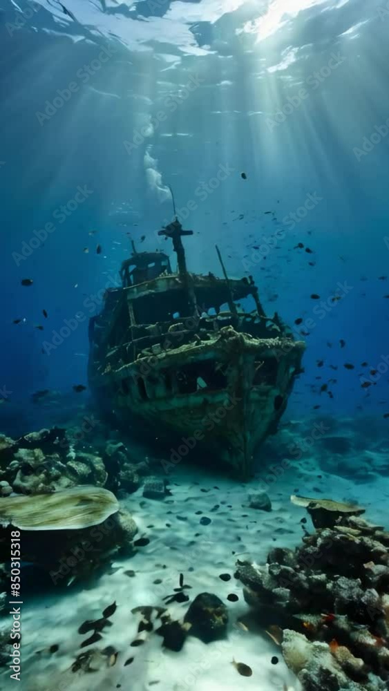 Underwater shot of a sunken ship covered in coral and marine life, History: The Bermuda Triangle Underwater shot of a sunken ship covered in coral and marine life, History: The Bermuda Triangle
